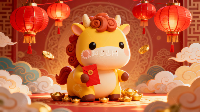 高清大图下载【趣麦麦图】卡通牛年红包灯笼喜庆场景