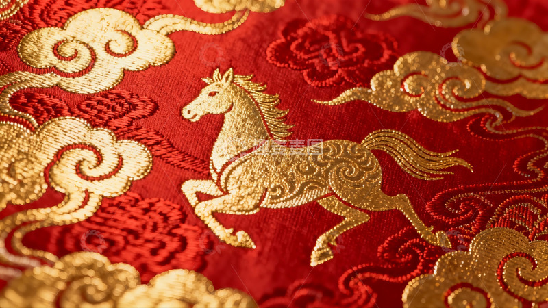 高清大图下载【趣麦麦图】红色织锦上的金色马纹图案