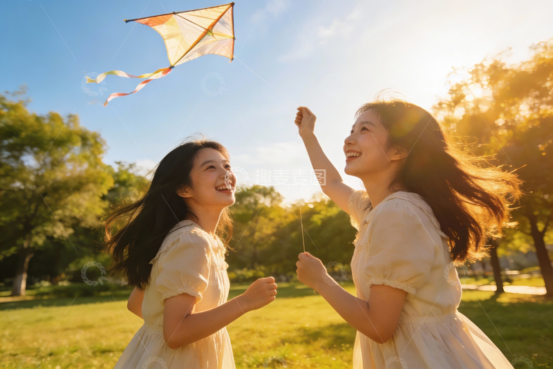 高清大图下载【趣麦麦图】姐妹放风筝欢乐时光