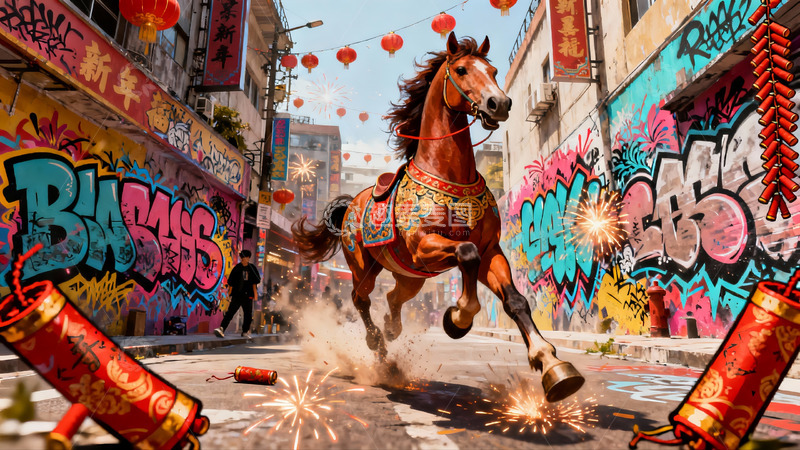 高清大图下载【趣麦麦图】街头骏马迎新春