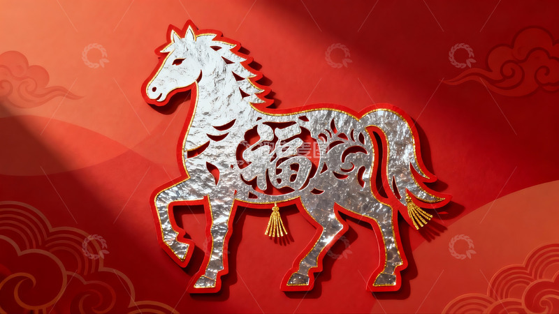 高清大图下载【趣麦麦图】红色背景上的银色马形剪纸
