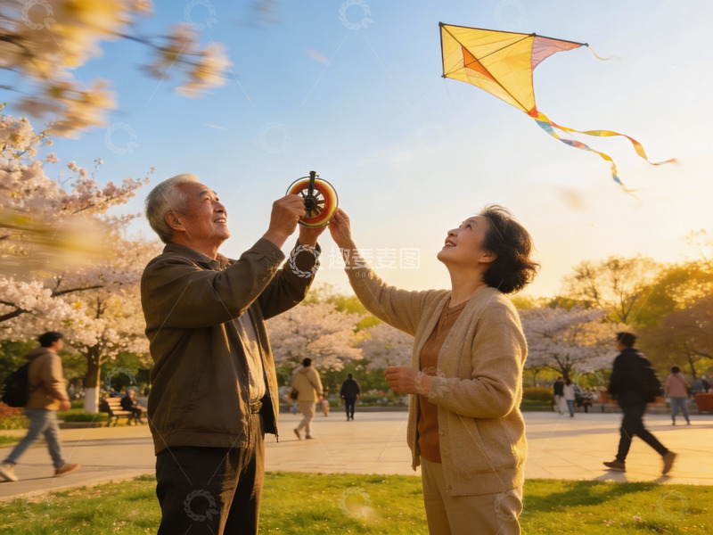 高清大图下载【趣麦麦图】公园春日老人放风筝