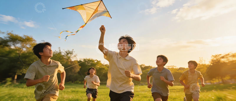 高清大图下载【趣麦麦图】孩子们户外放风筝欢乐奔跑