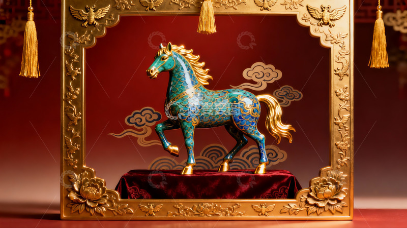 高清大图下载【趣麦麦图】金色马雕置于华丽框架中