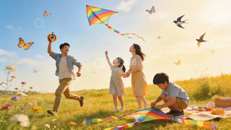 高清大图下载【趣麦麦图】家庭户外放风筝欢乐场景