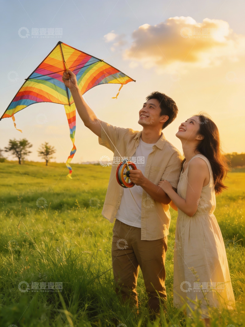 高清大图下载【趣麦麦图】情侣草地上放风筝