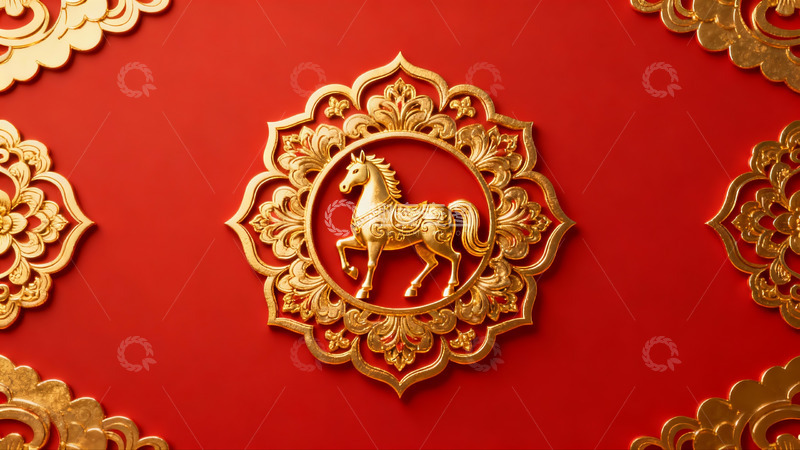 高清大图下载【趣麦麦图】红色背景金色马纹装饰图案
