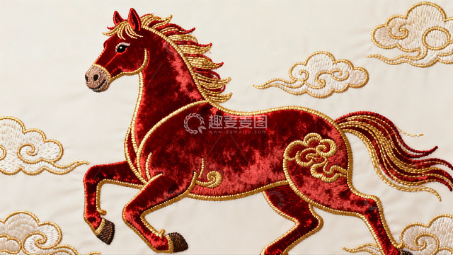 红色骏马刺绣云纹图案