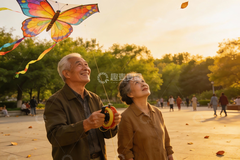 高清大图下载【趣麦麦图】老年夫妇公园放风筝