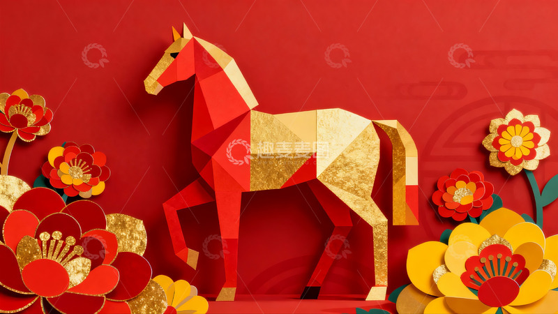 高清大图下载【趣麦麦图】红色背景下的纸艺马与花卉