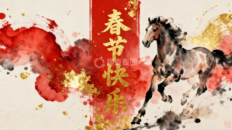 高清大图下载【趣麦麦图】水墨骏马迎春图