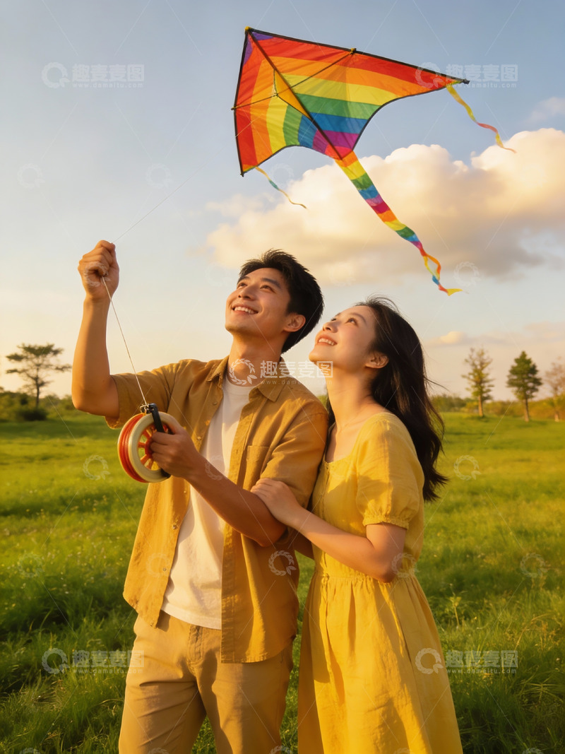 高清大图下载【趣麦麦图】情侣草地上放风筝