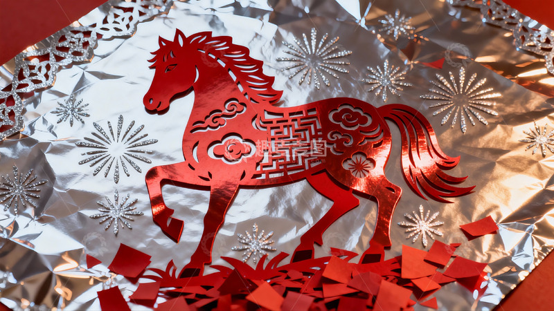 高清大图下载【趣麦麦图】红色剪纸马与雪花装饰
