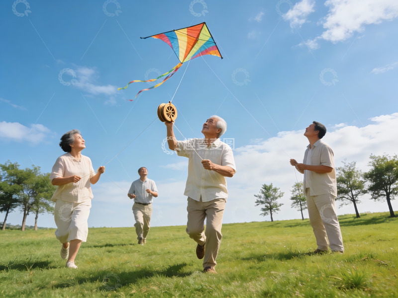 高清大图下载【趣麦麦图】老人户外放风筝欢乐场景