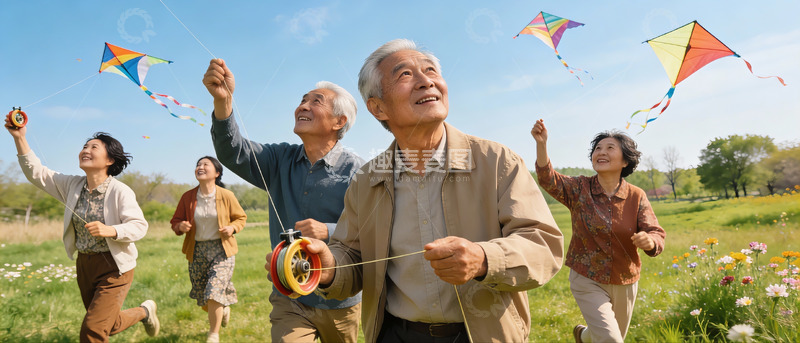 高清大图下载【趣麦麦图】老人孩童放风筝欢乐场景