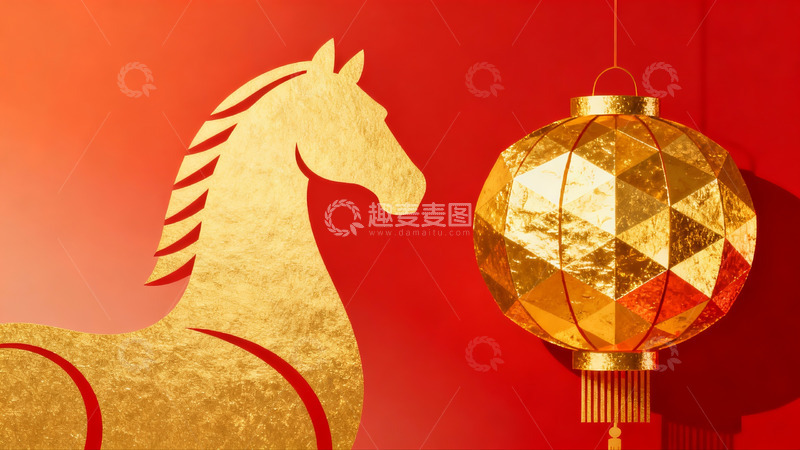 高清大图下载【趣麦麦图】金色马形剪纸与灯笼新年装饰