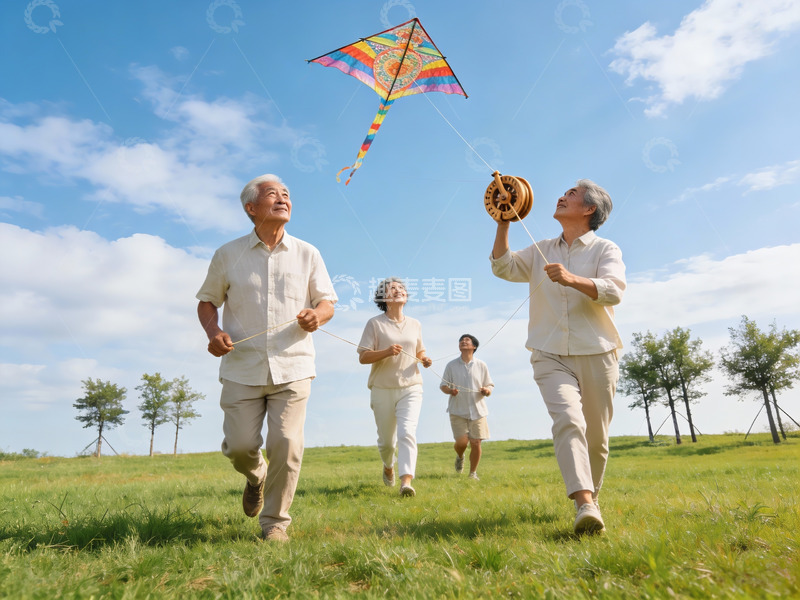 高清大图下载【趣麦麦图】四位老人户外放风筝