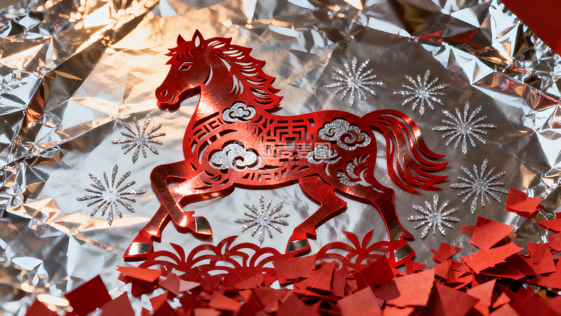 高清大图下载【趣麦麦图】红色剪纸马与银箔装饰