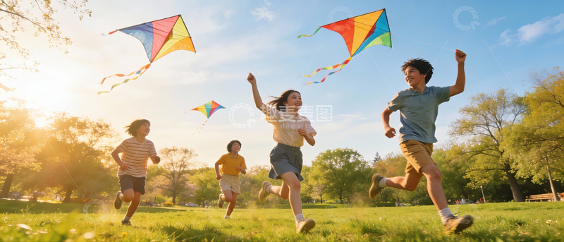 高清大图下载【趣麦麦图】孩子们户外放风筝欢乐奔跑