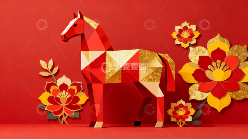 高清大图下载【趣麦麦图】红色背景下的折纸马与花卉艺术