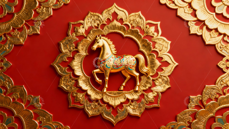 高清大图下载【趣麦麦图】金色马饰红底花纹装饰画