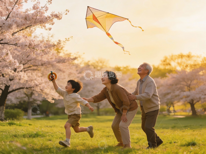 高清大图下载【趣麦麦图】三代同框放风筝赏樱花