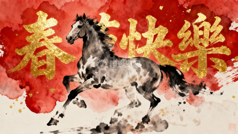 高清大图下载【趣麦麦图】水墨骏马迎春图
