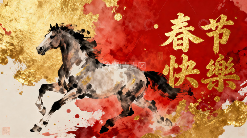 高清大图下载【趣麦麦图】水墨骏马迎春图