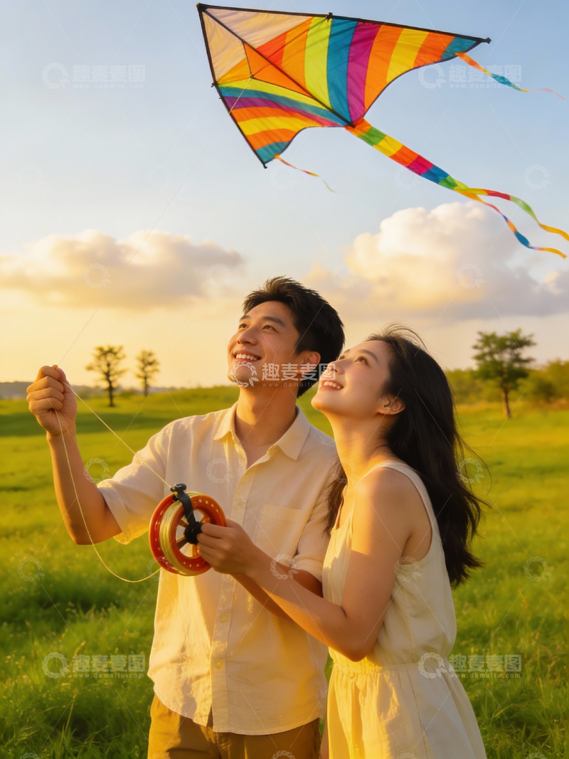 高清大图下载【趣麦麦图】情侣草地上放风筝