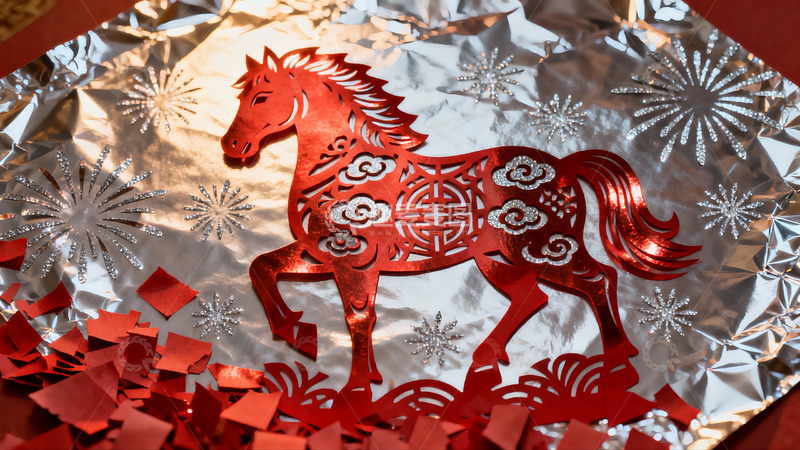高清大图下载【趣麦麦图】红色剪纸马与银色背景