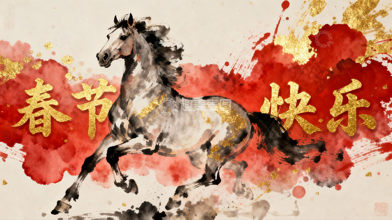 高清大图下载【趣麦麦图】水墨骏马迎春图