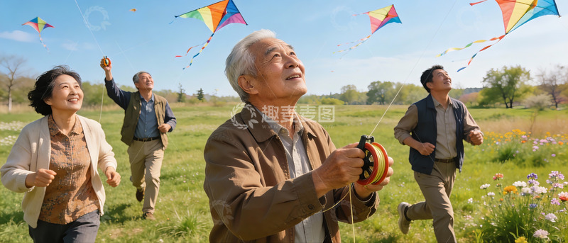 高清大图下载【趣麦麦图】老人户外放风筝欢乐场景