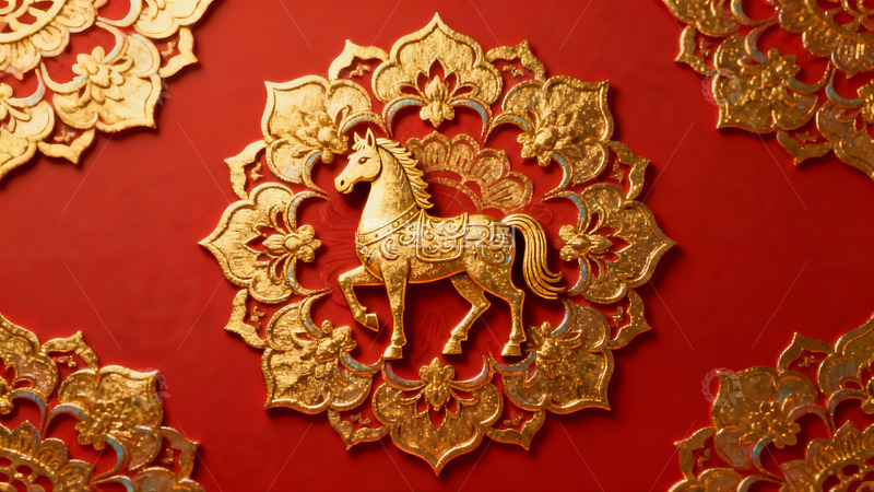 高清大图下载【趣麦麦图】金色马纹样红色背景装饰图案