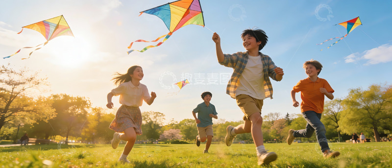 高清大图下载【趣麦麦图】孩子们草地上放风筝