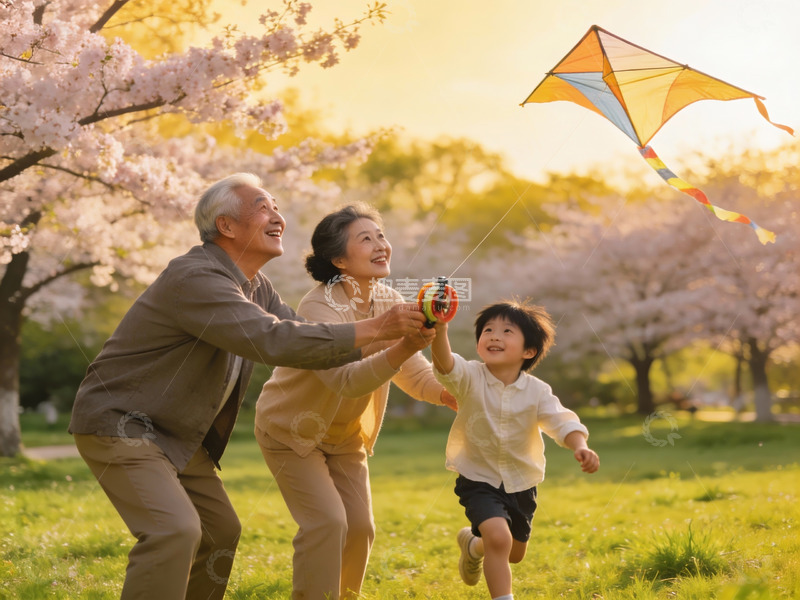 高清大图下载【趣麦麦图】三代同堂春日放风筝