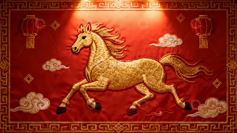 高清大图下载【趣麦麦图】红色底金色绣马图