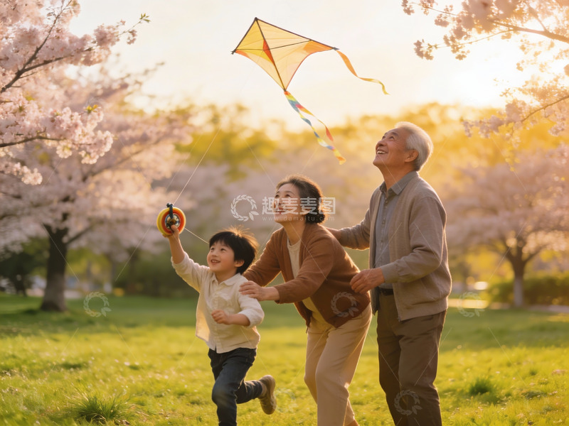 高清大图下载【趣麦麦图】三代同框放风筝赏樱花