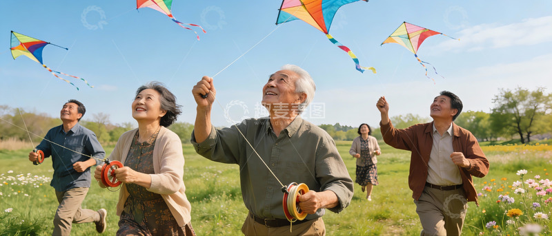 高清大图下载【趣麦麦图】老人户外放风筝欢乐场景