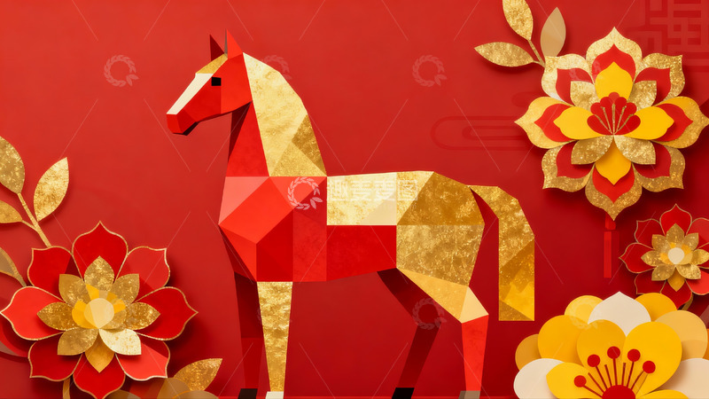 高清大图下载【趣麦麦图】红色背景下的纸艺马与花卉装饰
