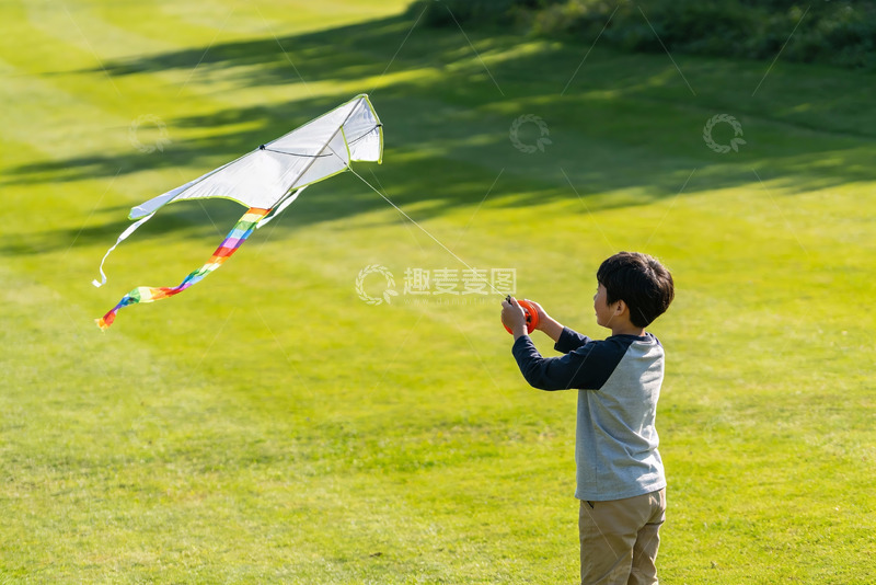 高清大图下载【趣麦麦图】小男孩草地上放风筝