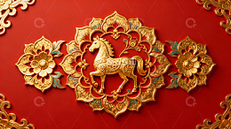 红色背景金色马纹装饰图案