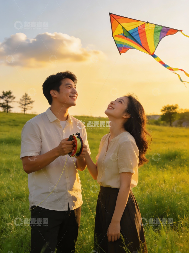 高清大图下载【趣麦麦图】情侣草地上放风筝