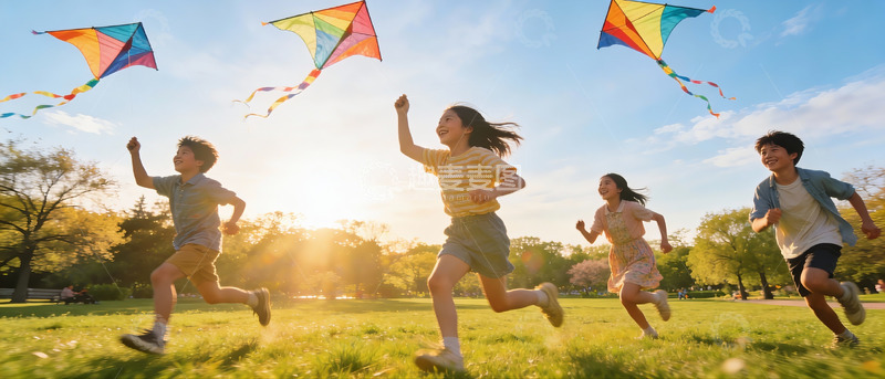 高清大图下载【趣麦麦图】孩子们户外放风筝欢乐奔跑