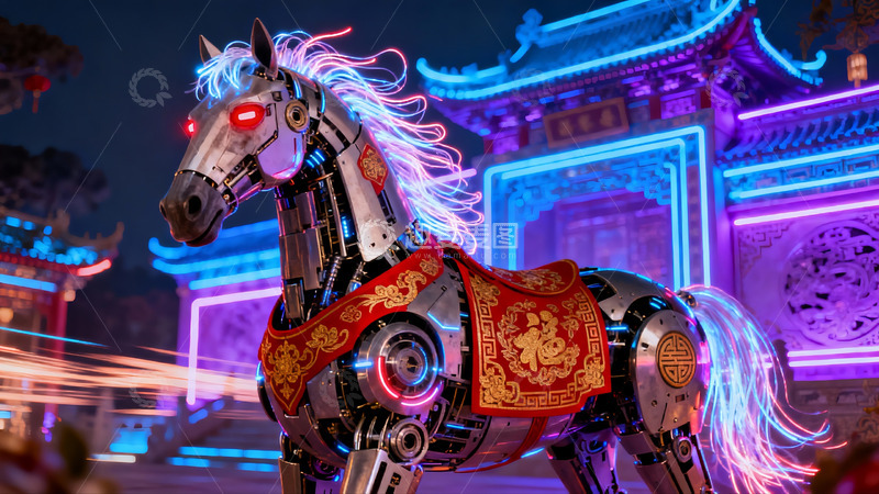 高清大图下载【趣麦麦图】霓虹灯下的机械马与古建筑