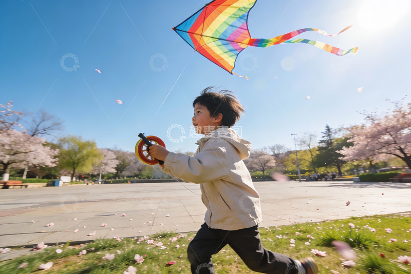 高清大图下载【趣麦麦图】小男孩春日公园放风筝