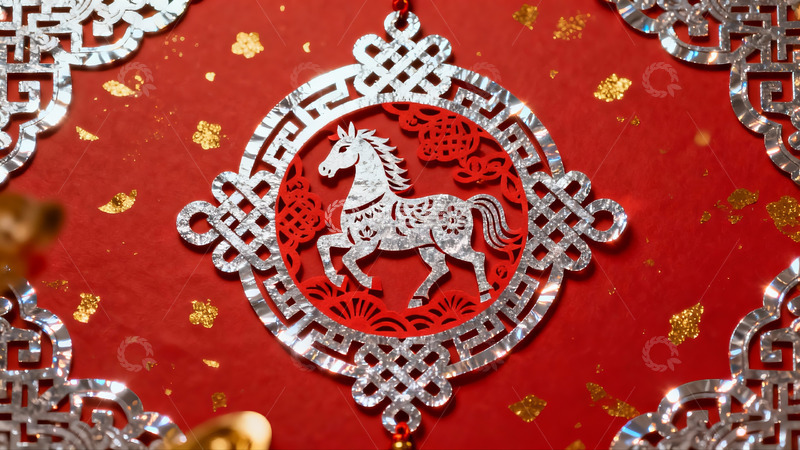 高清大图下载【趣麦麦图】红色背景上的银色马形剪纸挂饰