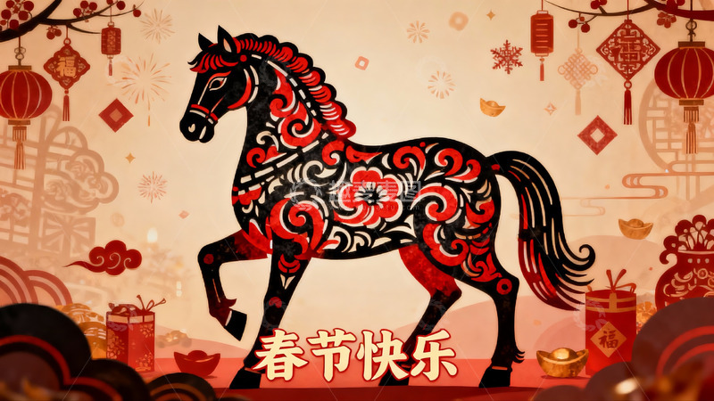 高清大图下载【趣麦麦图】春节剪纸马图案喜庆装饰