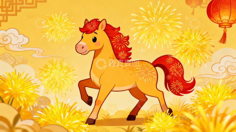 高清大图下载【趣麦麦图】卡通骏马烟花灯笼迎新春