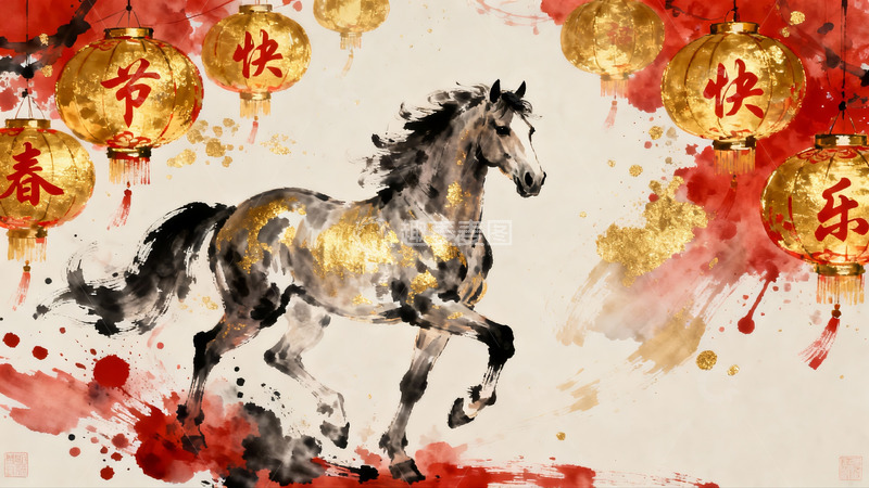 高清大图下载【趣麦麦图】水墨骏马迎春灯笼挂