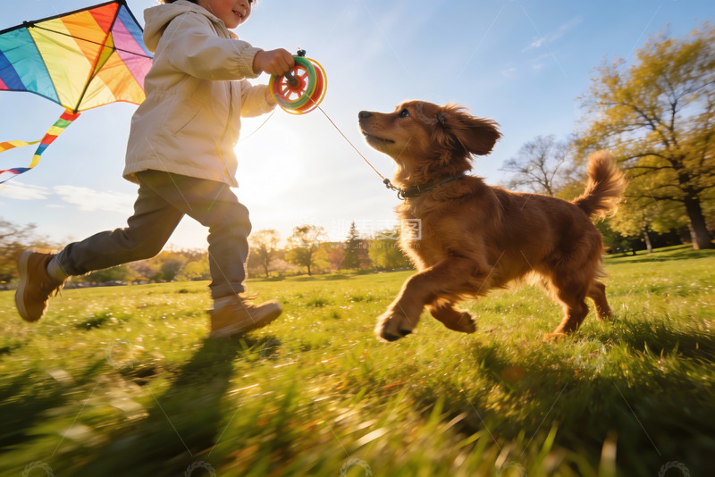 高清大图下载【趣麦麦图】儿童放风筝与狗狗奔跑